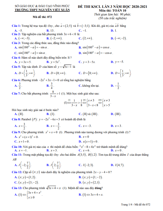 de kscl lan 3 lop 10 mon toan nam 2020 2021 truong thpt nguyen viet xuan vinh phuc d