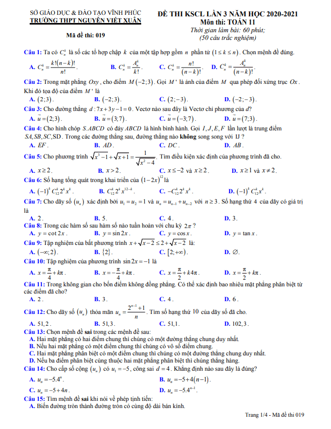 de kscl lan 3 lop 11 mon toan nam 2020 2021 truong thpt nguyen viet xuan vinh phuc d