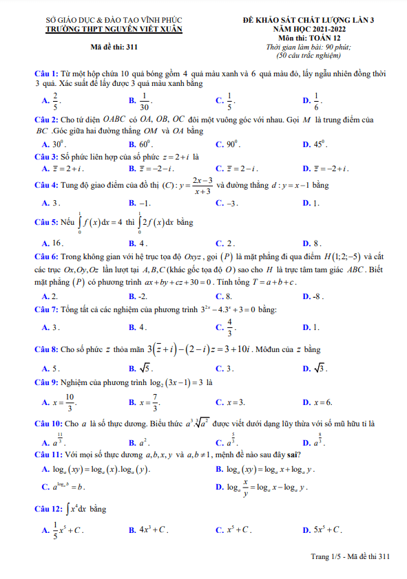 de kscl lan 3 lop 12 mon toan nam 2021 2022 truong thpt nguyen viet xuan vinh phuc d