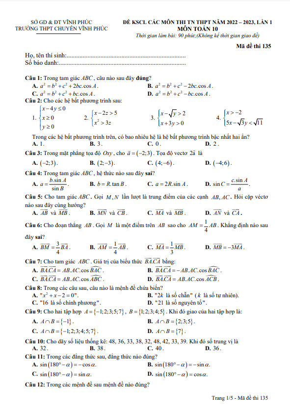 de kscl lop 10 mon toan lan 1 nam 2022 2023 truong thpt chuyen vinh phuc d