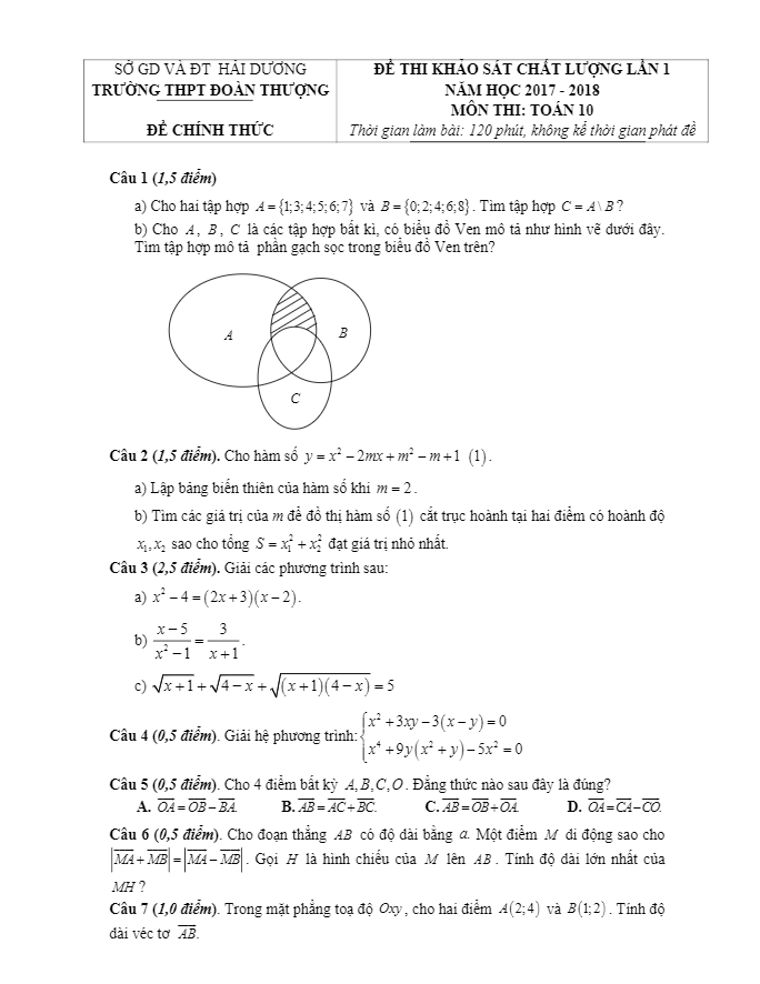 de kscl lop 10 mon toan lan 1 nam hoc 2017 2018 truong thpt doan thuong hai duong d