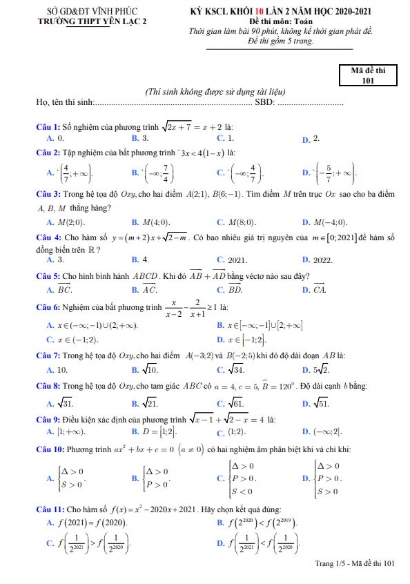 Đề KSCL lớp 10 môn Toán lần 2 năm 2020 2021 trường THPT Yên Lạc 2 Vĩnh Phúc 5 de kscl lop 10 mon toan lan 2 nam 2020 2021 truong thpt yen lac 2 vinh phuc d