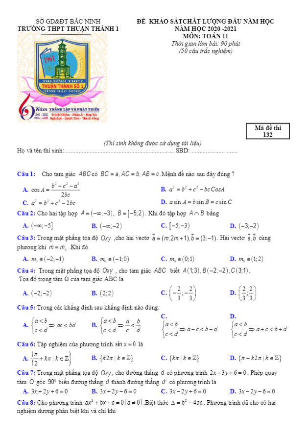 de kscl lop 11 mon toan dau nam hoc 2020 2021 truong thuan thanh 1 bac ninh d