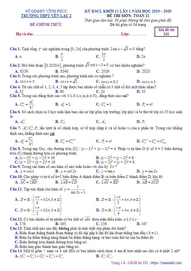 Đề KSCL lớp 11 môn Toán lần 1 năm 2019 2020 trường THPT Yên Lạc 2 Vĩnh Phúc 3 de kscl lop 11 mon toan lan 1 nam 2019 2020 truong thpt yen lac 2 vinh phuc d