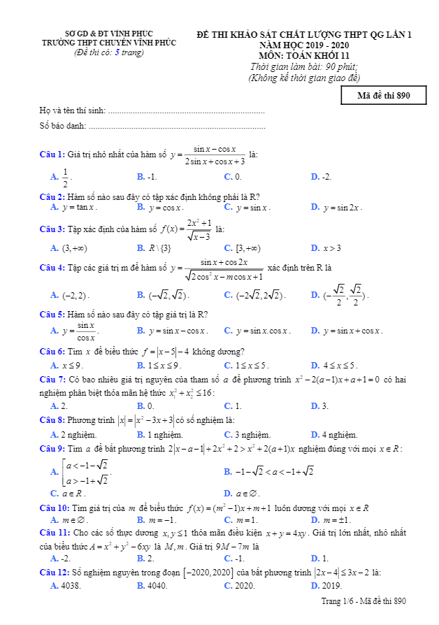 Đề KSCL lớp 11 môn Toán lần 1 năm 2019 – 2020 trường Nguyễn Viết Xuân – Vĩnh Phúc 5 de kscl lop 11 mon toan lan 1 nam 2019 e28093 2020 truong nguyen viet xuan e28093 vinh phuc d