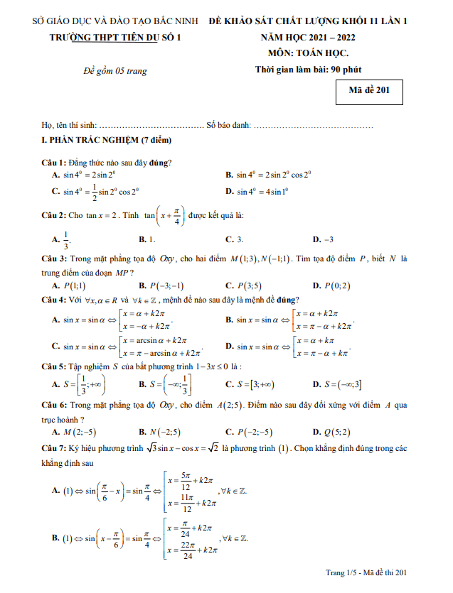 de kscl lop 11 mon toan lan 1 nam 2021 2022 truong thpt tien du 1 bac ninh d