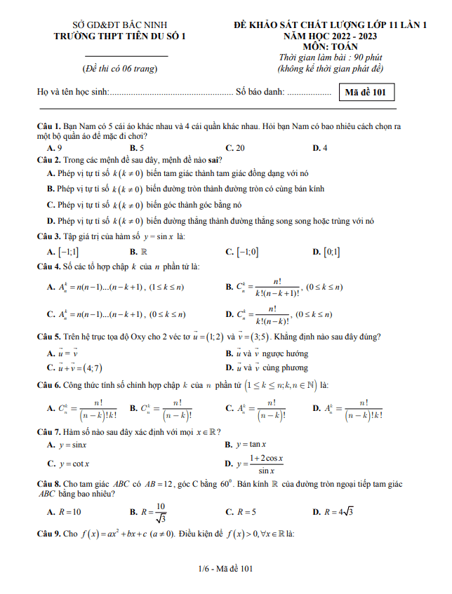 Đề KSCL lớp 11 môn Toán lần 1 năm 2022 2023 trường THPT Tiên Du 1 Bắc Ninh 7 de kscl lop 11 mon toan lan 1 nam 2022 2023 truong thpt tien du 1 bac ninh d