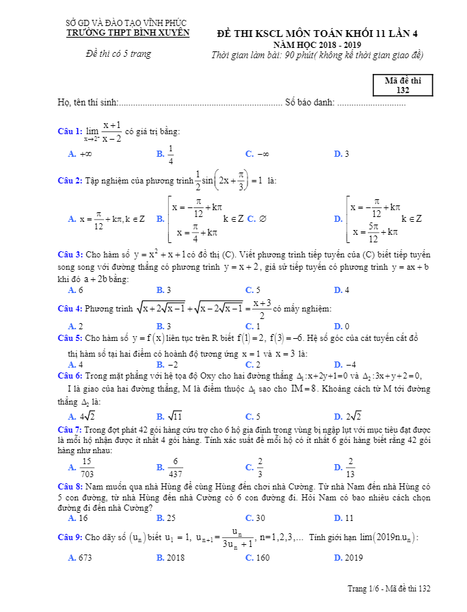 de kscl lop 11 mon toan lan 4 nam 2018 2019 truong thpt binh xuyen vinh phuc d