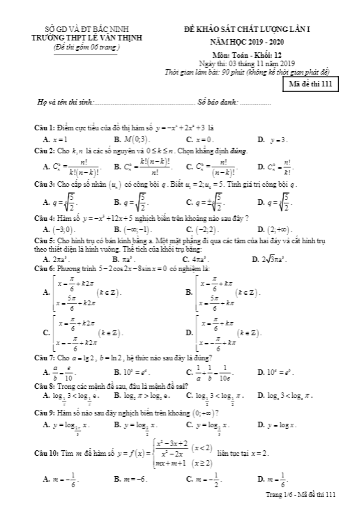 Đề KSCL lớp 12 môn Toán lần 1 năm học 2019 2020 trường Lê Văn Thịnh Bắc Ninh 3 de kscl lop 12 mon toan lan 1 nam hoc 2019 2020 truong le van thinh bac ninh d