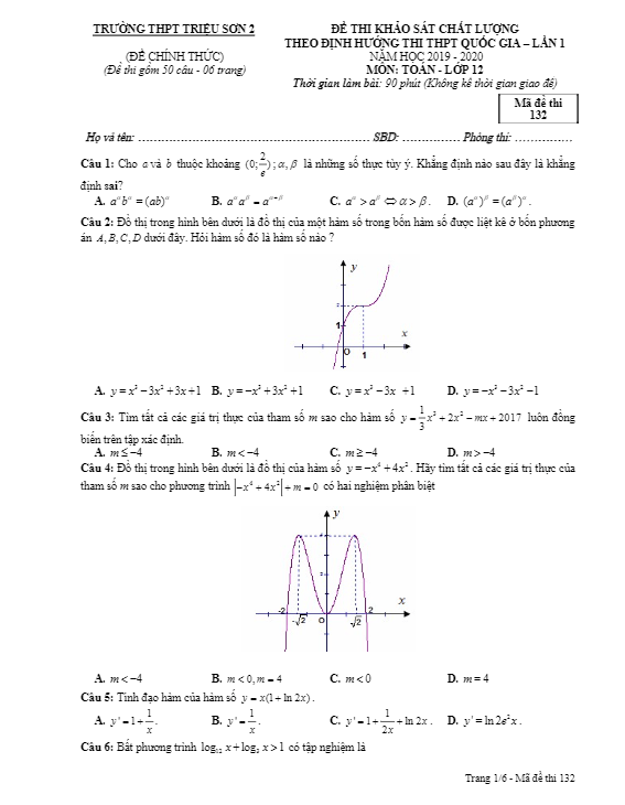 de kscl lop 12 mon toan lan 1 on thi thptqg 2020 truong trieu son 2 thanh hoa d