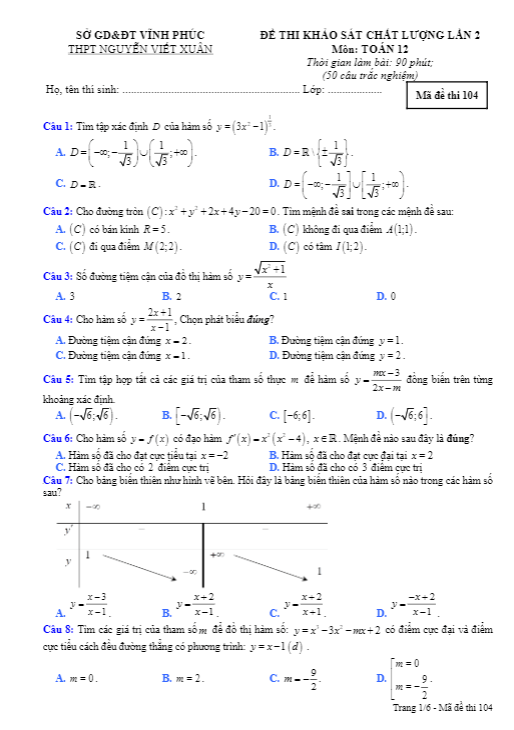 de kscl lop 12 mon toan lan 2 nam 2019 2020 truong nguyen viet xuan vinh phuc d