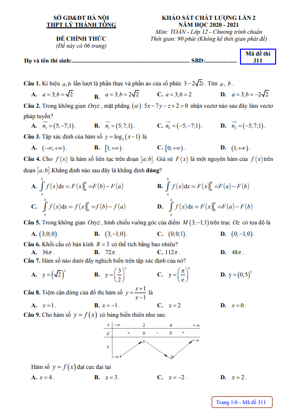de kscl lop 12 mon toan lan 2 nam 2020 2021 truong thpt ly thanh tong ha noi d