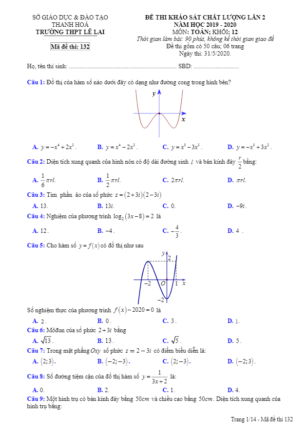 de kscl lop 12 mon toan lan 2 nam hoc 2019 2020 truong thpt le lai thanh hoa d