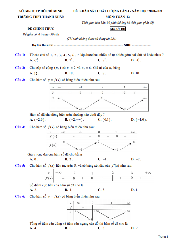 de kscl lop 12 mon toan lan 4 nam 2020 2021 truong thpt thanh nhan tp hcm d