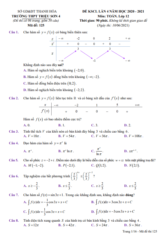 de kscl lop 12 mon toan lan 4 nam 2020 2021 truong thpt trieu son 4 thanh hoa d