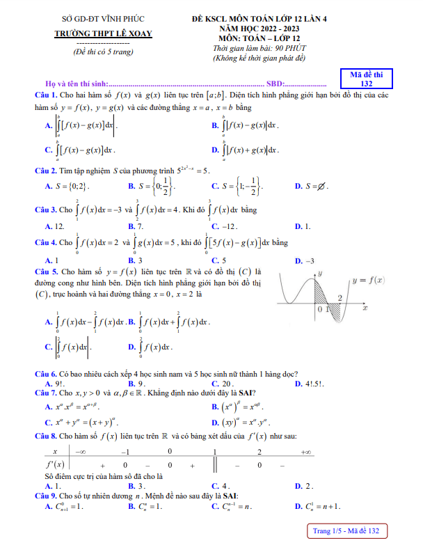 de kscl lop 12 mon toan lan 4 nam 2022 2023 truong thpt le xoay vinh phuc d