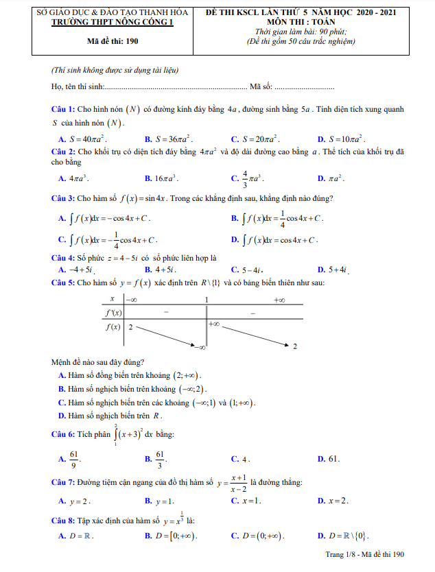 Đề KSCL lớp 12 môn Toán lần 5 năm 2020 2021 trường Nông Cống 1 Thanh Hóa 1 de kscl lop 12 mon toan lan 5 nam 2020 2021 truong nong cong 1 thanh hoa d