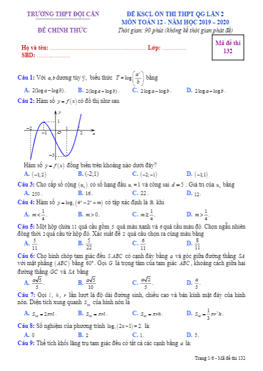 de kscl lop 12 mon toan on thi thptqg 2020 lan 2 truong thpt doi can vinh phuc d