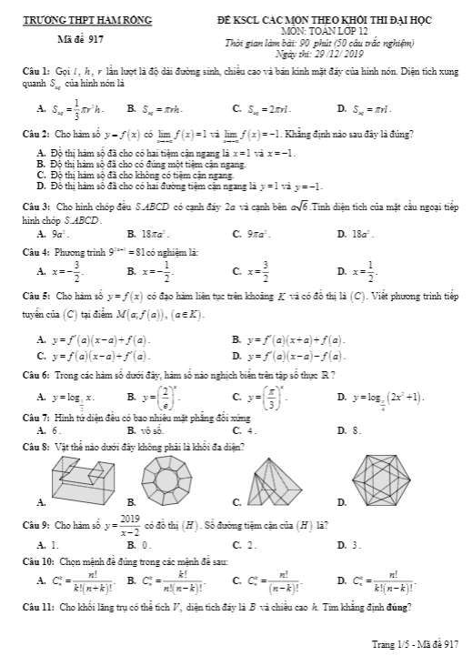 Đề KSCL lớp 12 môn Toán thi Đại học năm 2019 2020 trường Hàm Rồng Thanh Hóa 3 de kscl lop 12 mon toan thi dai hoc nam 2019 2020 truong ham rong thanh hoa d
