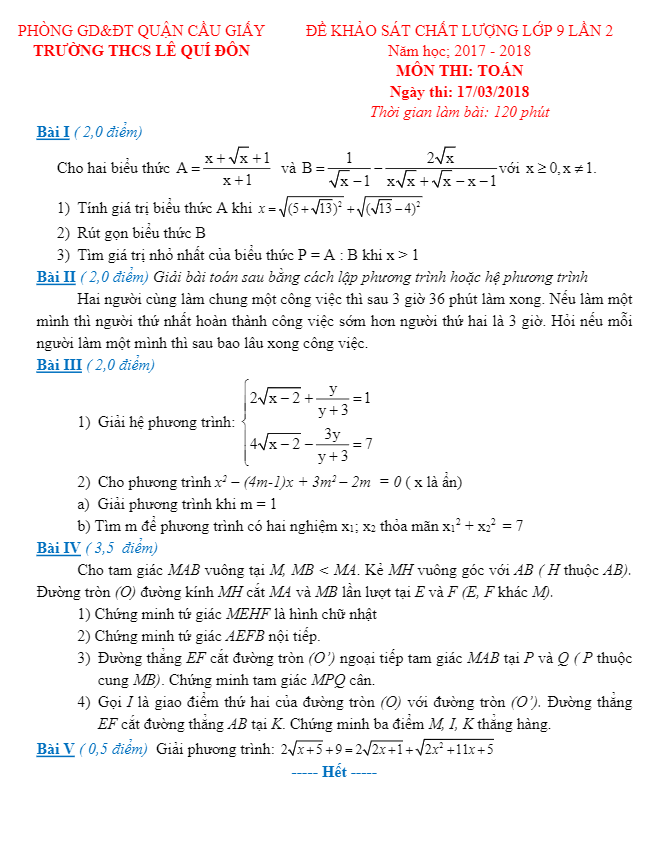 Đề KSCL lớp 9 môn Toán năm 2017 2018 trường THCS Lê Quý Đôn Hà Nội lần 2 1 de kscl lop 9 mon toan nam 2017 2018 truong thcs le quy don ha noi lan 2 d