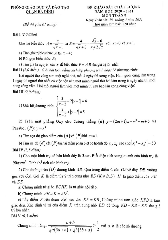 Đề KSCL lớp 9 môn Toán năm 2020 2021 phòng GD ĐT Ba Đình Hà Nội 3 de kscl lop 9 mon toan nam 2020 2021 phong gd dt ba dinh ha noi d
