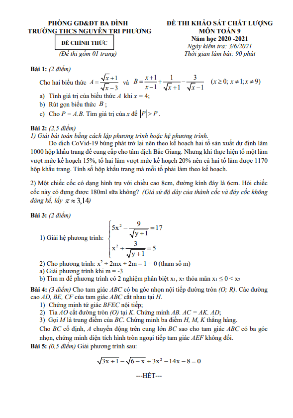 de kscl lop 9 mon toan nam 2020 2021 truong thcs nguyen tri phuong ha noi d