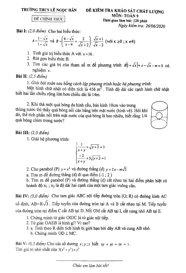 de kscl lop 9 mon toan nam hoc 2019 2020 truong thcs le ngoc han ha noi d