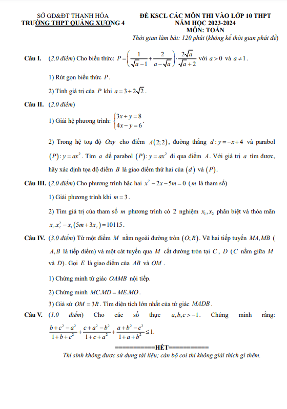 de kscl toan thi vao 10 nam 2023 2024 truong thpt quang xuong 4 thanh hoa d