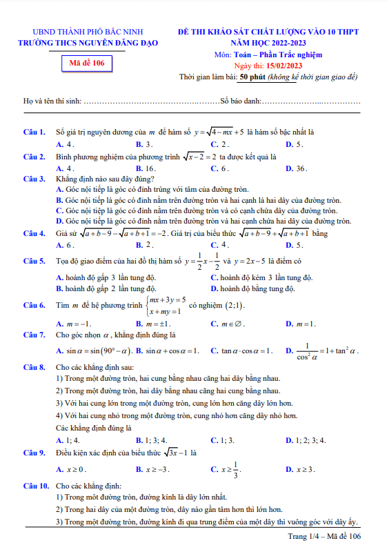 de kscl toan vao 10 thpt nam 2023 truong thcs nguyen dang dao bac ninh d