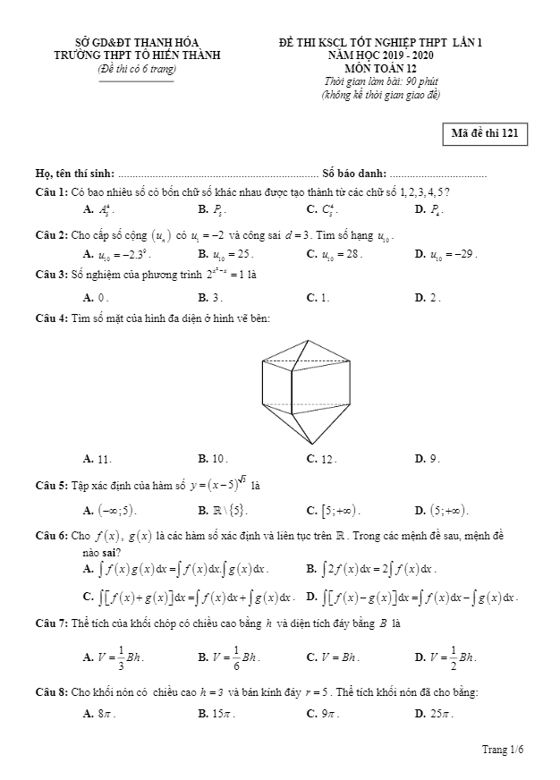 de kscl tot nghiep thpt 2020 lan 1 lop 12 mon toan truong thpt to hien thanh thanh hoa d