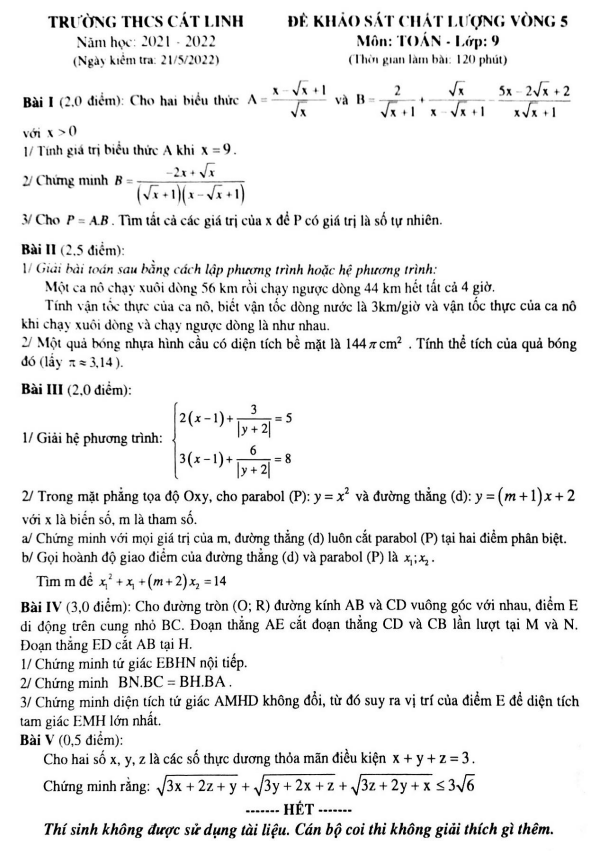de kscl vong 5 lop 9 mon toan nam 2021 2022 truong thcs cat linh ha noi d