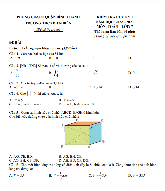 de minh hoa cuoi hoc ki 1 hk1 lop 7 mon toan nam 2022 2023 truong thcs dien bien tp hcm d