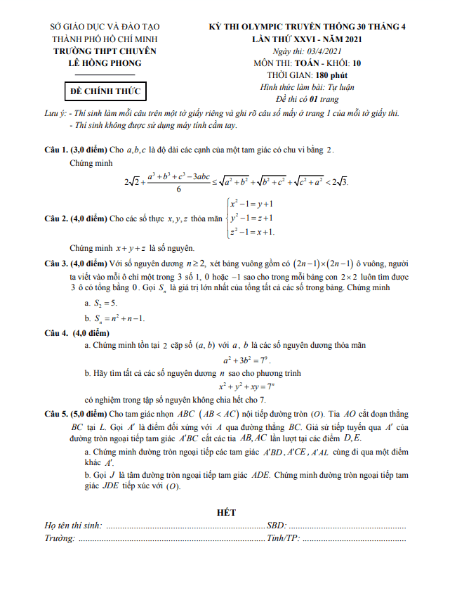 de olympic 30 thang 4 lop 10 mon toan nam 2021 truong chuyen le hong phong tp hcm d