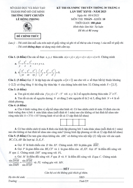 de olympic 30 thang 4 lop 10 mon toan nam 2023 truong chuyen le hong phong tp hcm d