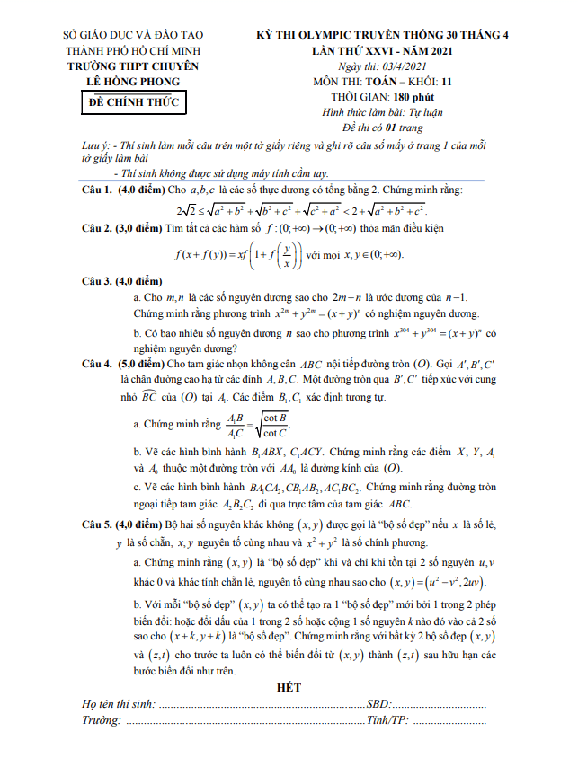 de olympic 30 thang 4 lop 11 mon toan nam 2021 truong chuyen le hong phong tp hcm d