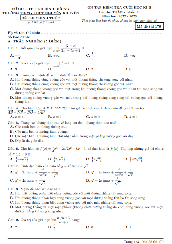 de on tap cuoi hoc ki 2 hk2 lop 11 mon toan nam 2022 2023 truong nguyen khuyen binh duong d
