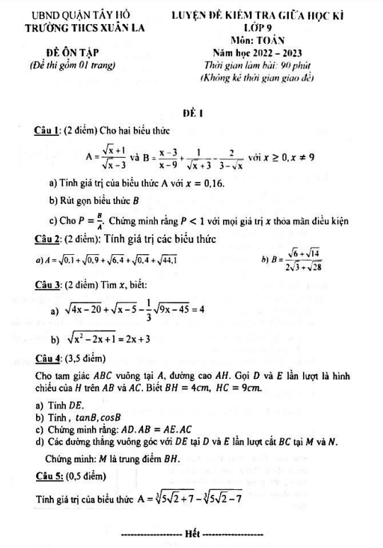 de on tap giua hoc ki 1 hk1 lop 9 mon toan nam 2022 2023 truong thcs xuan la ha noi d