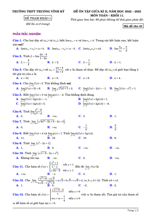 de on tap giua hoc ki 2 hk2 lop 11 mon toan nam 2022 2023 truong thpt truong vinh ky ben tre d
