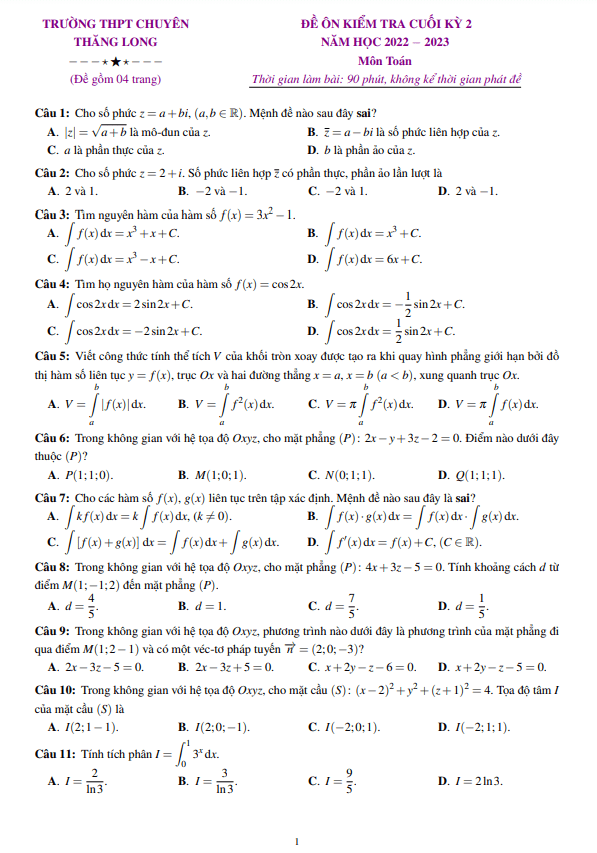 Đề ôn thi cuối học kì 2 (HK2) lớp 12 môn Toán năm 2022 2023 trường chuyên Thăng Long Lâm Đồng 5 de on thi cuoi hoc ki 2 hk2 lop 12 mon toan nam 2022 2023 truong chuyen thang long lam dong d