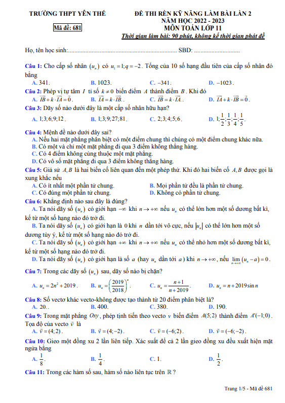 Đề rèn kỹ năng làm bài lớp 11 môn Toán lần 2 năm 2022 2023 THPT Yên Thế Bắc Giang 5 de ren ky nang lam bai lop 11 mon toan lan 2 nam 2022 2023 thpt yen the bac giang d