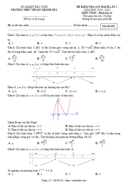 de sat hach lan 1 lop 12 mon toan nam 2019 2020 truong thuan thanh 2 bac ninh d