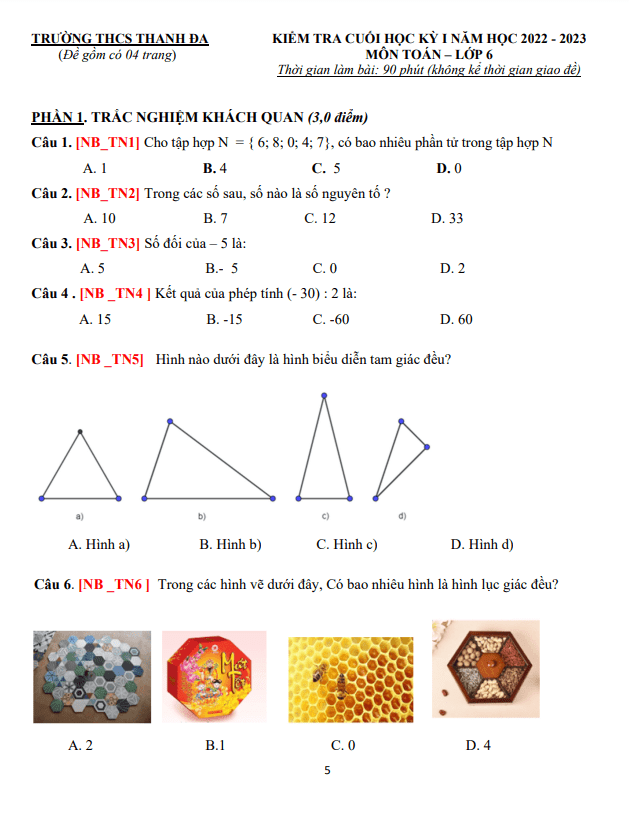 de tham khao cuoi hoc ki 1 hk1 lop 6 mon toan nam 2022 2023 truong thcs thanh da tp hcm d