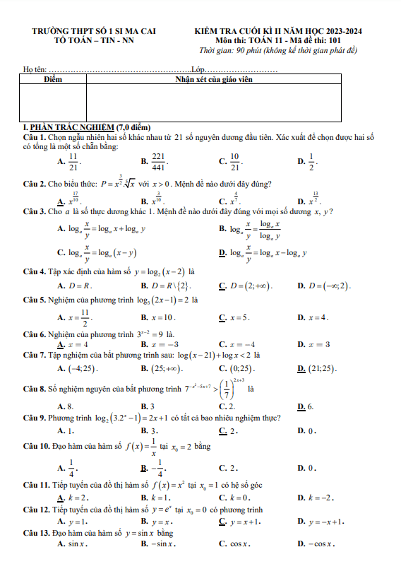 Đề tham khảo cuối học kì 2 (HK2) lớp 11 môn Toán CD năm 2023 2024 trường THPT Si Ma Cai 1 Lào Cai 5 de tham khao cuoi hoc ki 2 hk2 lop 11 mon toan cd nam 2023 2024 truong thpt si ma cai 1 lao cai d