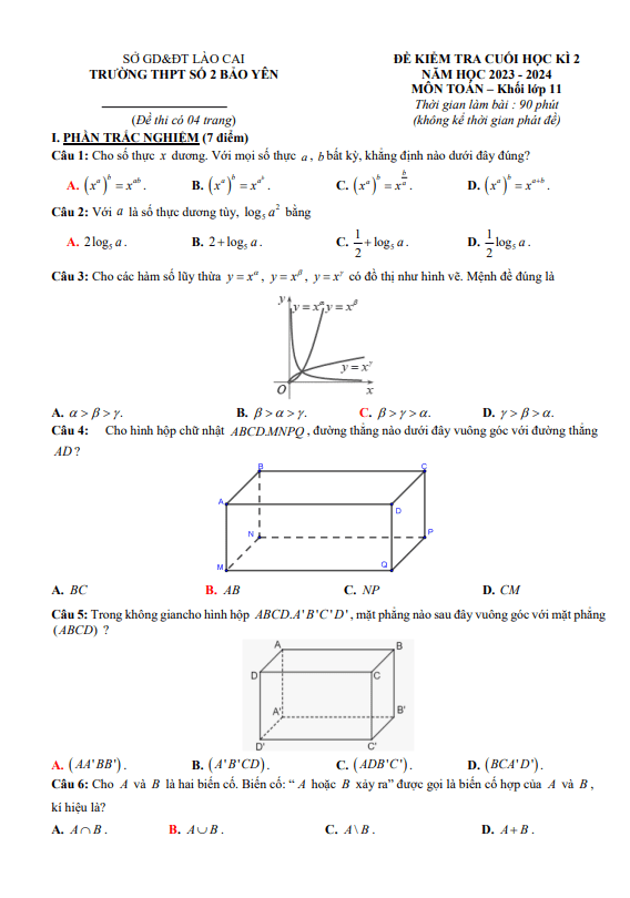 Đề tham khảo cuối học kì 2 (HK2) lớp 11 môn Toán KNTTVCS năm 2023 2024 THPT Bảo Yên 2 Lào Cai 4 de tham khao cuoi hoc ki 2 hk2 lop 11 mon toan knttvcs nam 2023 2024 thpt bao yen 2 lao cai d