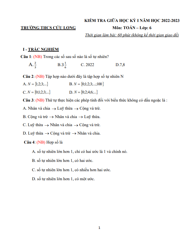 Đề tham khảo giữa học kì 1 (HK1) lớp 6 môn Toán năm 2022 2023 trường THCS Cửu Long TP HCM 6 de tham khao giua hoc ki 1 hk1 lop 6 mon toan nam 2022 2023 truong thcs cuu long tp hcm d