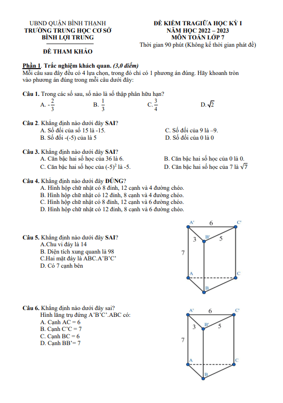 de tham khao giua hoc ki 1 hk1 lop 7 mon toan nam 2022 2023 truong thcs binh loi trung tp hcm d