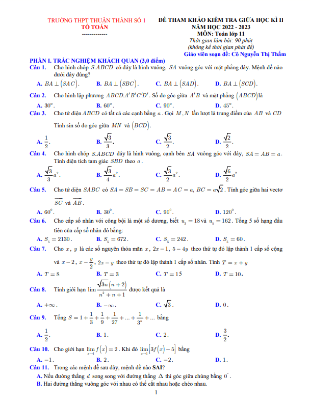 de tham khao giua hoc ki 2 hk2 lop 11 mon toan nam 2022 2023 thpt thuan thanh 1 bac ninh d