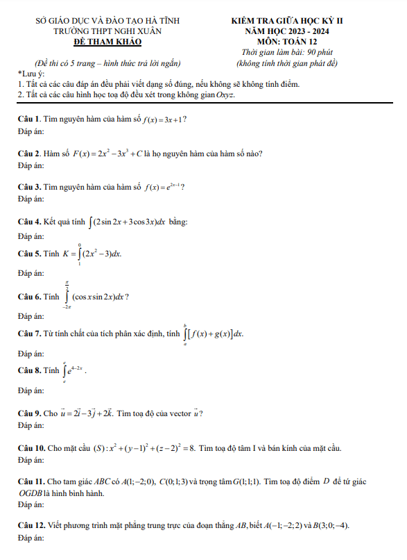 de tham khao giua hoc ki 2 hk2 lop 12 mon toan nam 2023 2024 truong thpt nghi xuan ha tinh d