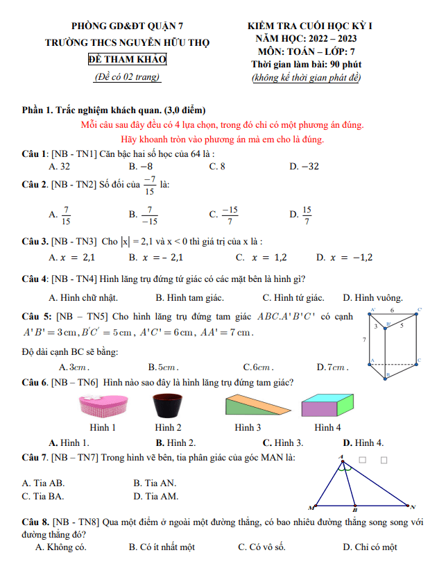 Đề tham khảo học kì 1 (HK1) lớp 7 môn Toán năm 2022 2023 trường THCS Nguyễn Hữu Thọ TP HCM 1 de tham khao hoc ki 1 hk1 lop 7 mon toan nam 2022 2023 truong thcs nguyen huu tho tp hcm d