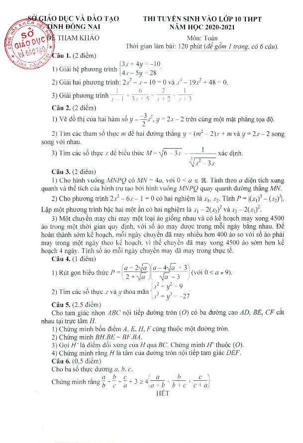 Đề tham khảo môn Toán tuyển sinh năm 2020 2021 sở GD ĐT Đồng Nai 10 de tham khao mon toan tuyen sinh nam 2020 2021 so gd dt dong nai d